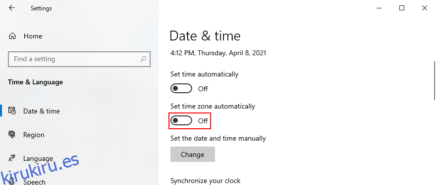 Windows 10 muestra cómo deshabilitar la zona horaria automática