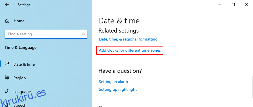 Windows 10 muestra cómo acceder a la opción de agregar relojes para diferentes zonas horarias