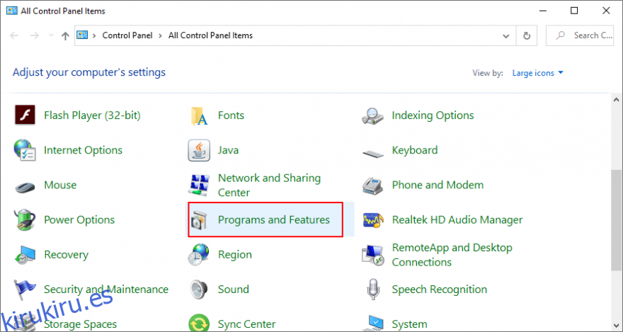 Windows 10 muestra cómo acceder a Programas y características desde el Panel de control