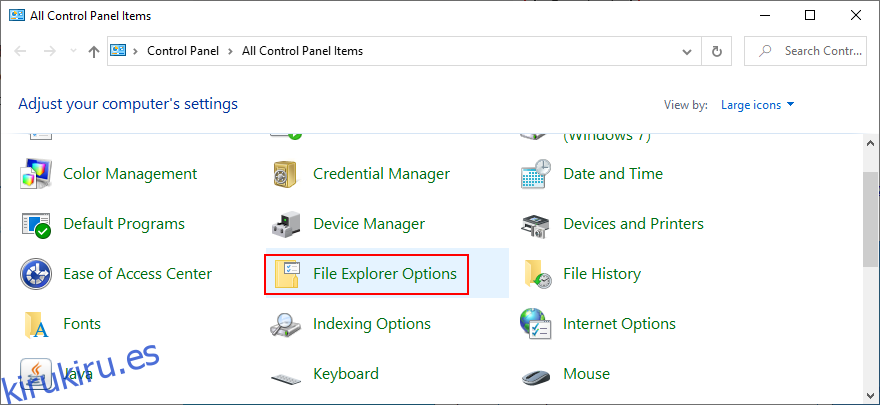 El Panel de control muestra cómo acceder a las opciones del Explorador de archivos
