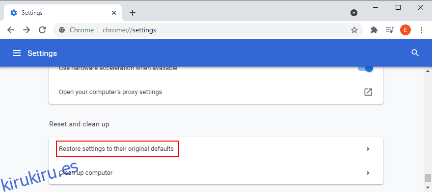Google Chrome muestra cómo acceder a la opción para restaurar la configuración del navegador a los valores predeterminados