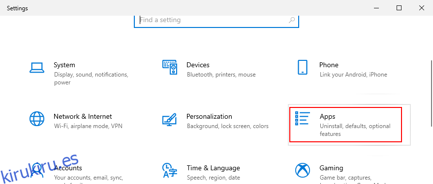 Windows 10 muestra cómo acceder a las aplicaciones desde el área de configuración