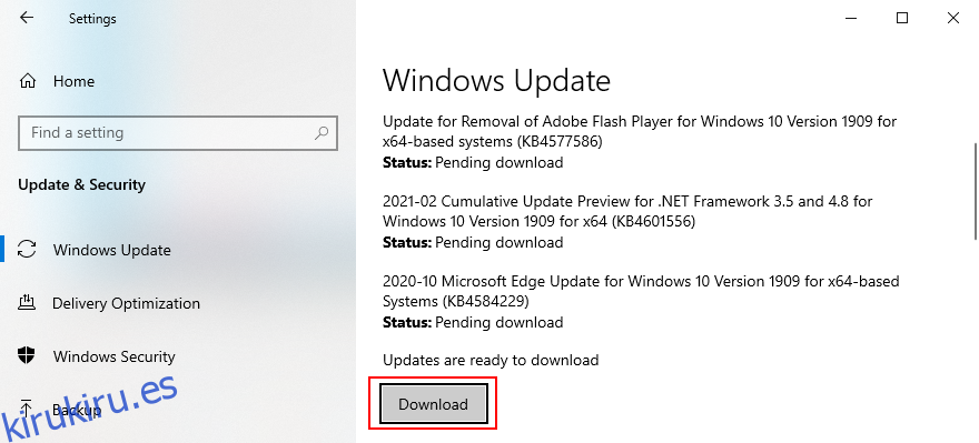 Windows 10 muestra cómo descargar actualizaciones del sistema
