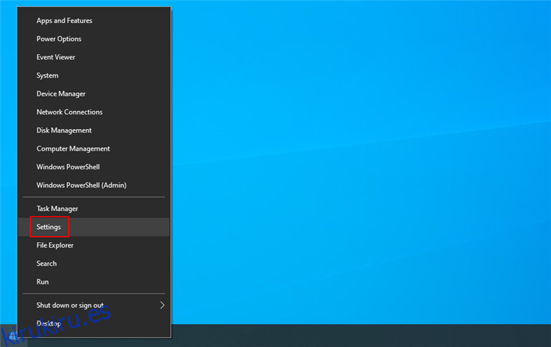 Windows 10 muestra cómo acceder a la configuración desde el menú del botón derecho de Inicio