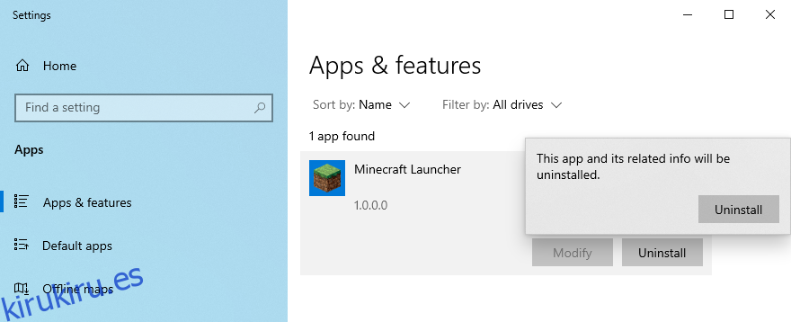 Windows 10 muestra cómo desinstalar Minecraft Launcher
